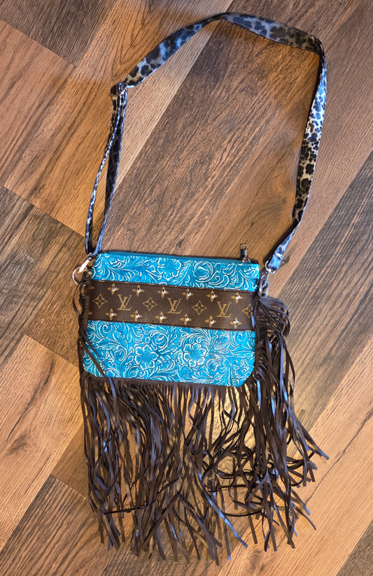 L V Teal Leopard Fringe Leather Purse