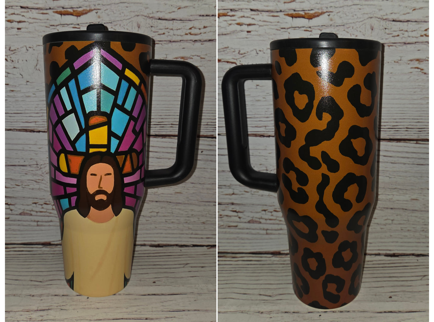 Stained Glass Jesus + Cheetah Flip Top Spill Proof Tumbler