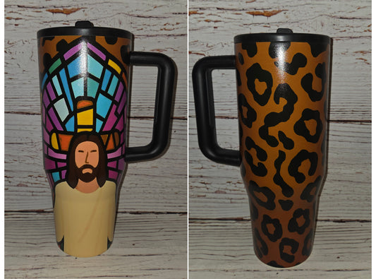 Stained Glass Jesus + Cheetah Flip Top Spill Proof Tumbler